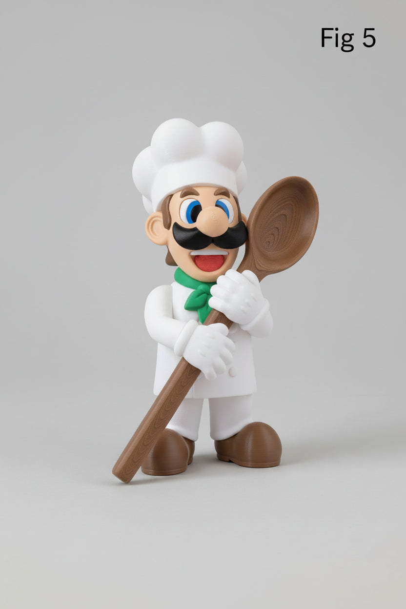 Figurine Fanart Plombier de Customcréa3D représentant un personnage de jeu vidéo, détails colorés et pose dynamique visible.