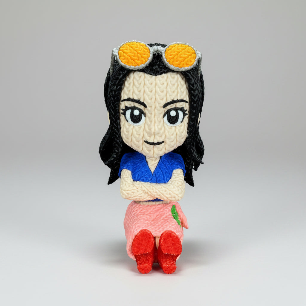 Figurine fanart Pirates en effet tricoté de la marque Customcréa3D, représentant un personnage de style pirate en tricot.