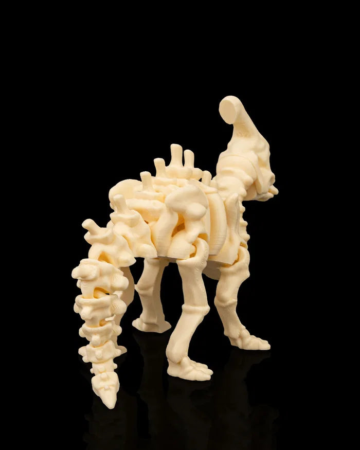 Squelette articulé de Parasaurolophus, modèle de squelette de dinosaure en 3D de la marque Customcréa3D, vue en gros plan