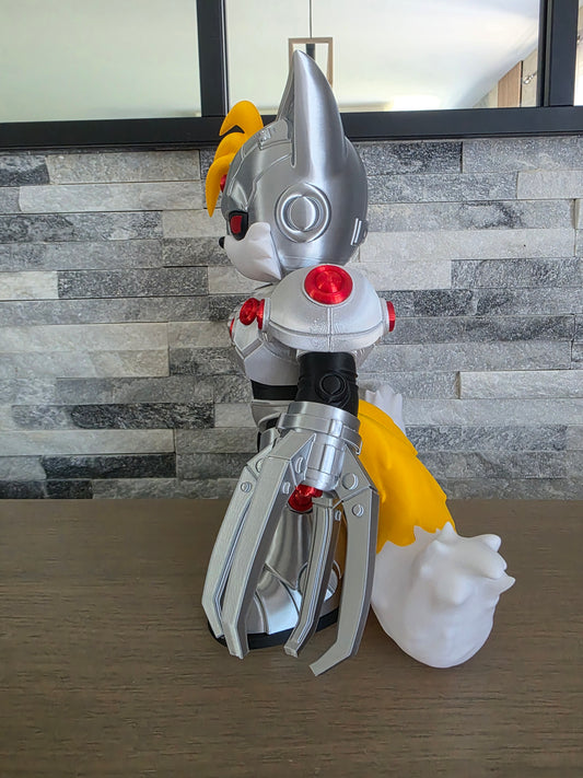 Renard volant cyborg en figurine de Customcréa3D, détail artistique avec ailes mécaniques et aspect futuriste.