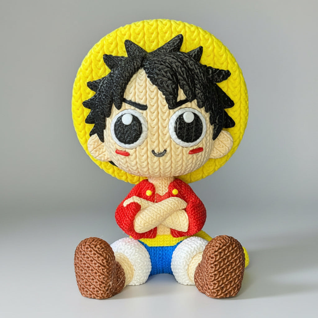 Figurine Fanart Pirates en tricoté de Customcréa3D, détail artisanal et design original, exposée sur un fond neutre.