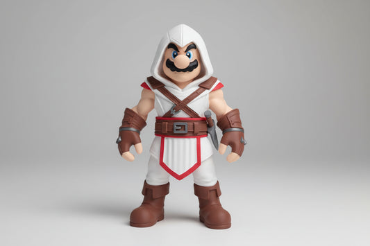 Figurine de plombier assassin en plastique noir et blanc, artisanale, créée par Customcréa3D, vue de face avec détails.