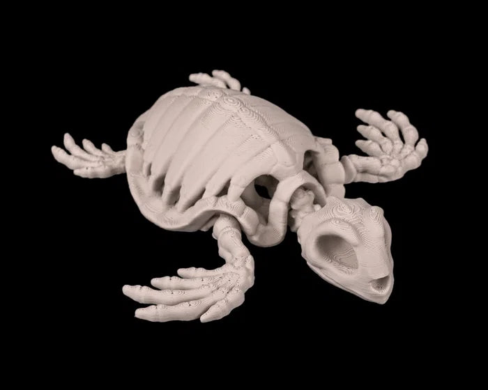 Squelette de tortue articulé en plastique noir, modèle de la marque Customcréa3D, vu de face sur fond blanc.