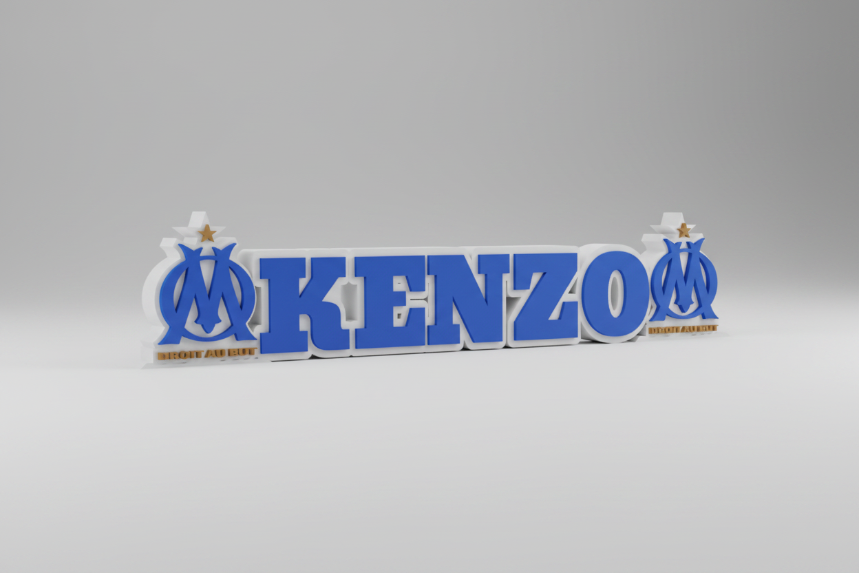 Logo de foot Marseille en 3D, représentant le club avec le nom et les couleurs de l'équipe, créé par Customcréa3D.